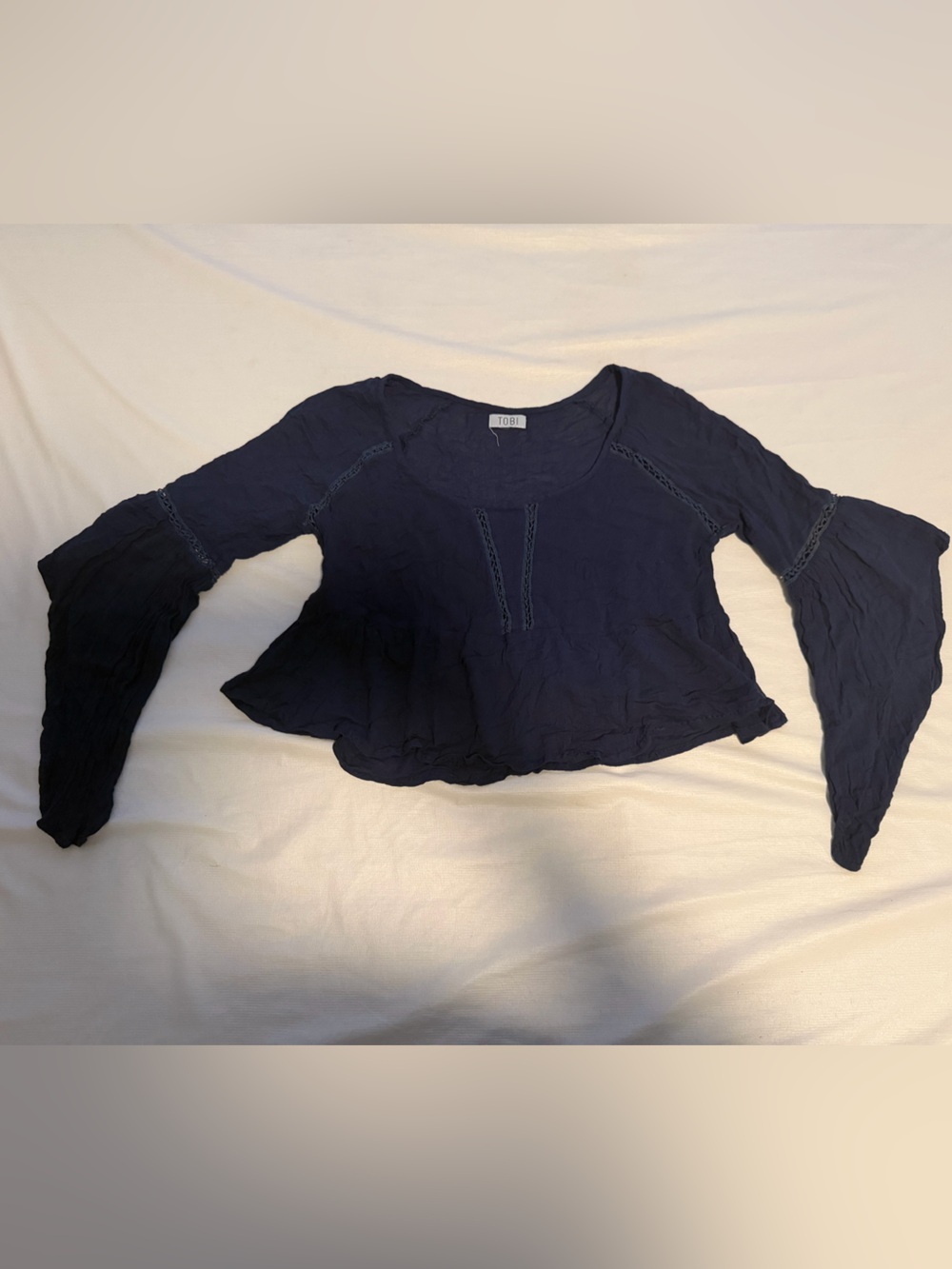 Tobi Navy Blue Long-Sleeve Cropped Peasant Blouse